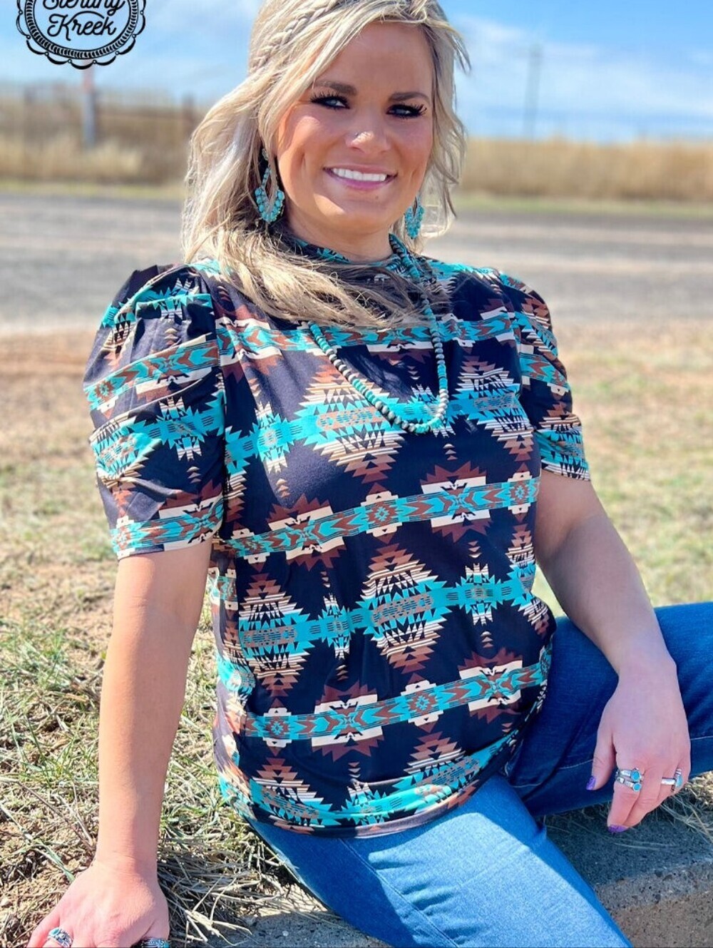 NWT Turquoise And Black Western Aztec Top